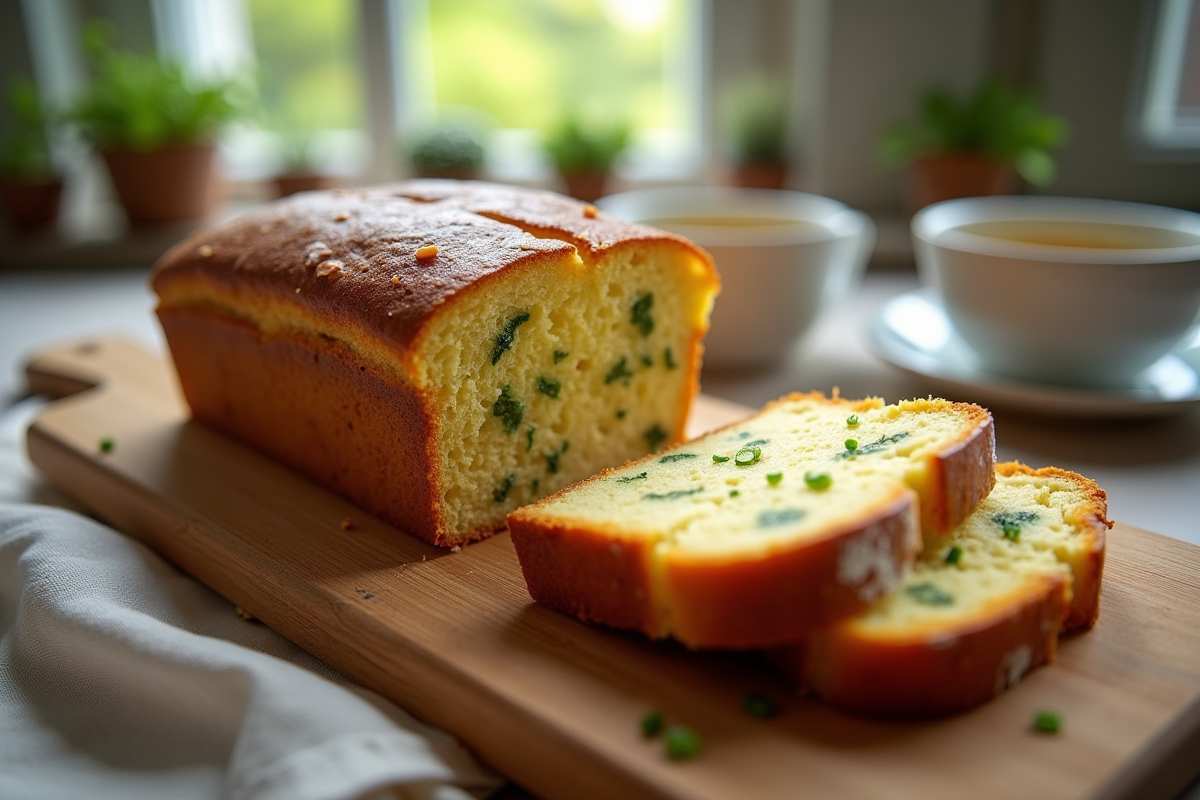 Gâteau de courgette et feta tranché sur planche en bois