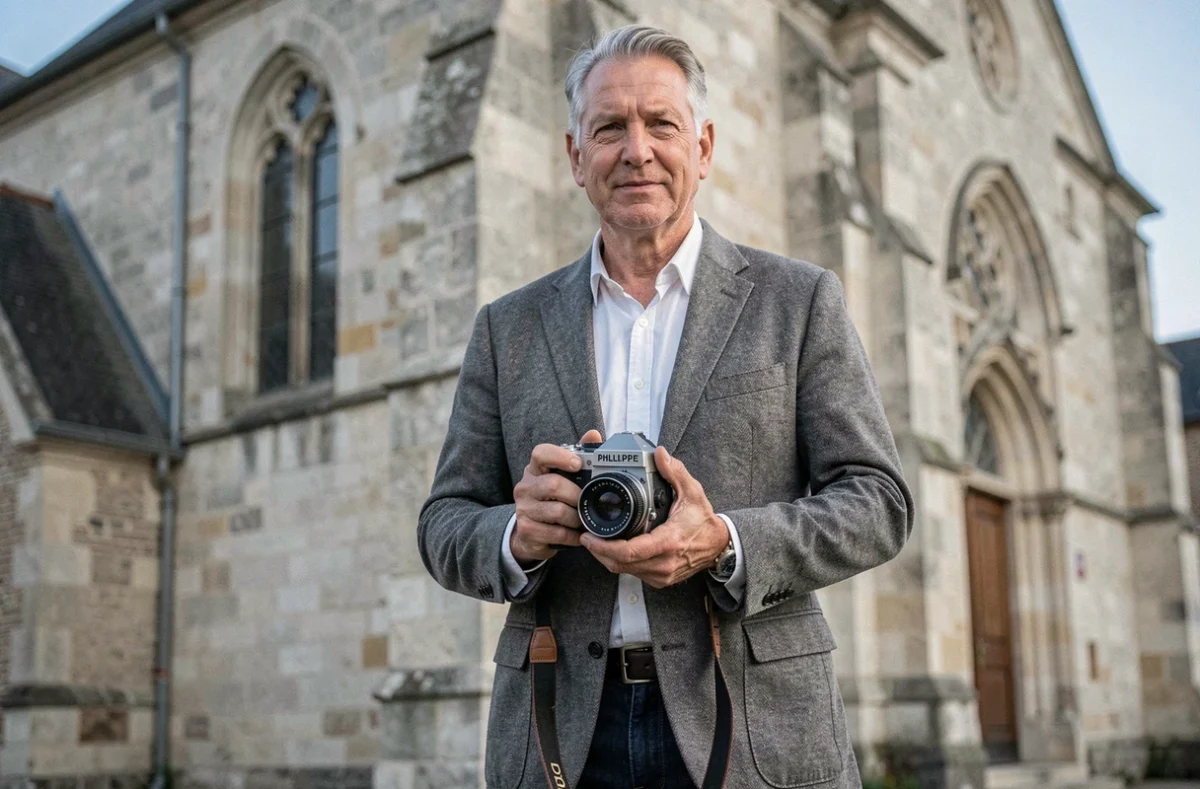Philippe Gaudin photographe expérimenté posant devant une église en pierre typique du bocage des Deux-Sèvres