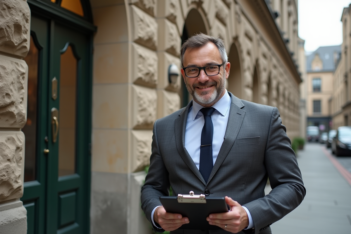 Gestionnaire immobilier devant un bâtiment historique en pierre