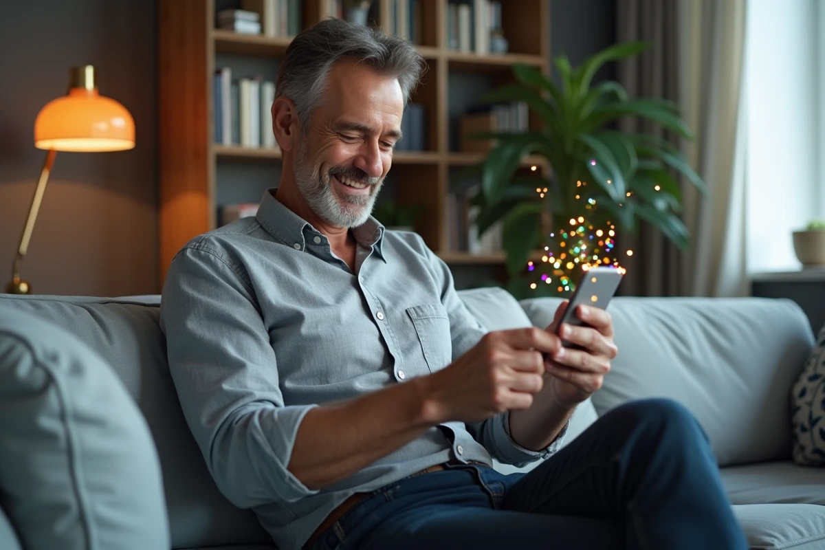 Homme souriant regardant des GIFs d'anniversaire animés sur son smartphone dans un salon moderne