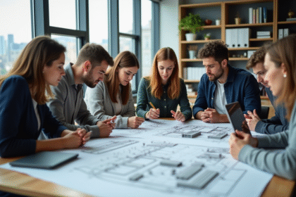 Jeunes adultes en réunion autour de plans et maquettes