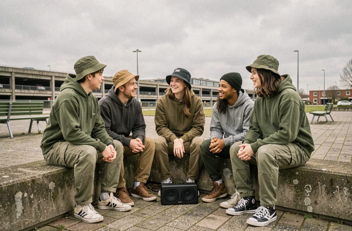 Groupe de jeunes passionnés de musique urbaine réunis autour d'une enceinte dans une place publique du Val-d'Oise, scène représentative du mouvement 95 Sounds
