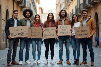 Groupe de jeunes avec banderoles anti-discrimination