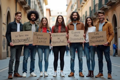 Groupe de jeunes avec banderoles anti-discrimination