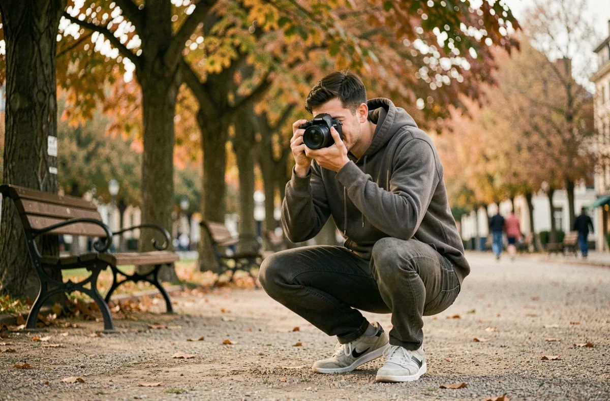 Steven Personnier du studio Hanana's photographiant en extérieur dans un parc français à l'automne avec un appareil mirrorless