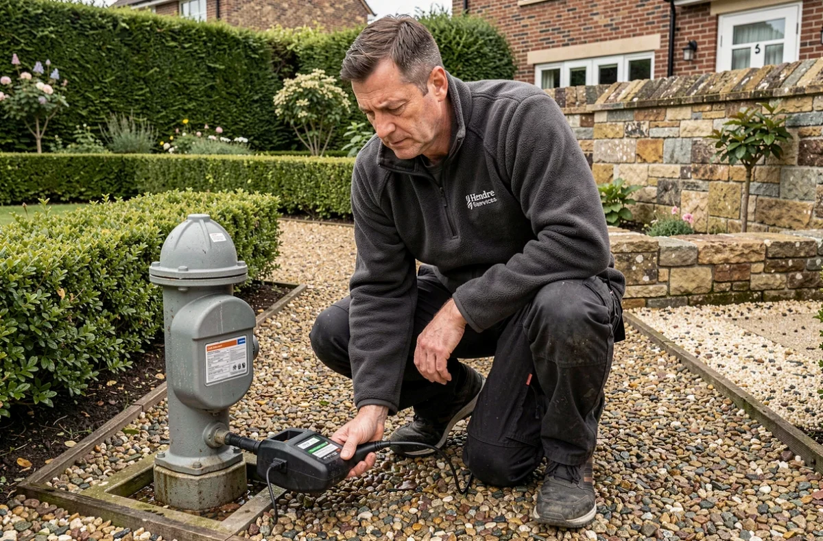 Technicien Hendre Services détectant une fuite souterraine au niveau du compteur d'eau dans un jardin normand
