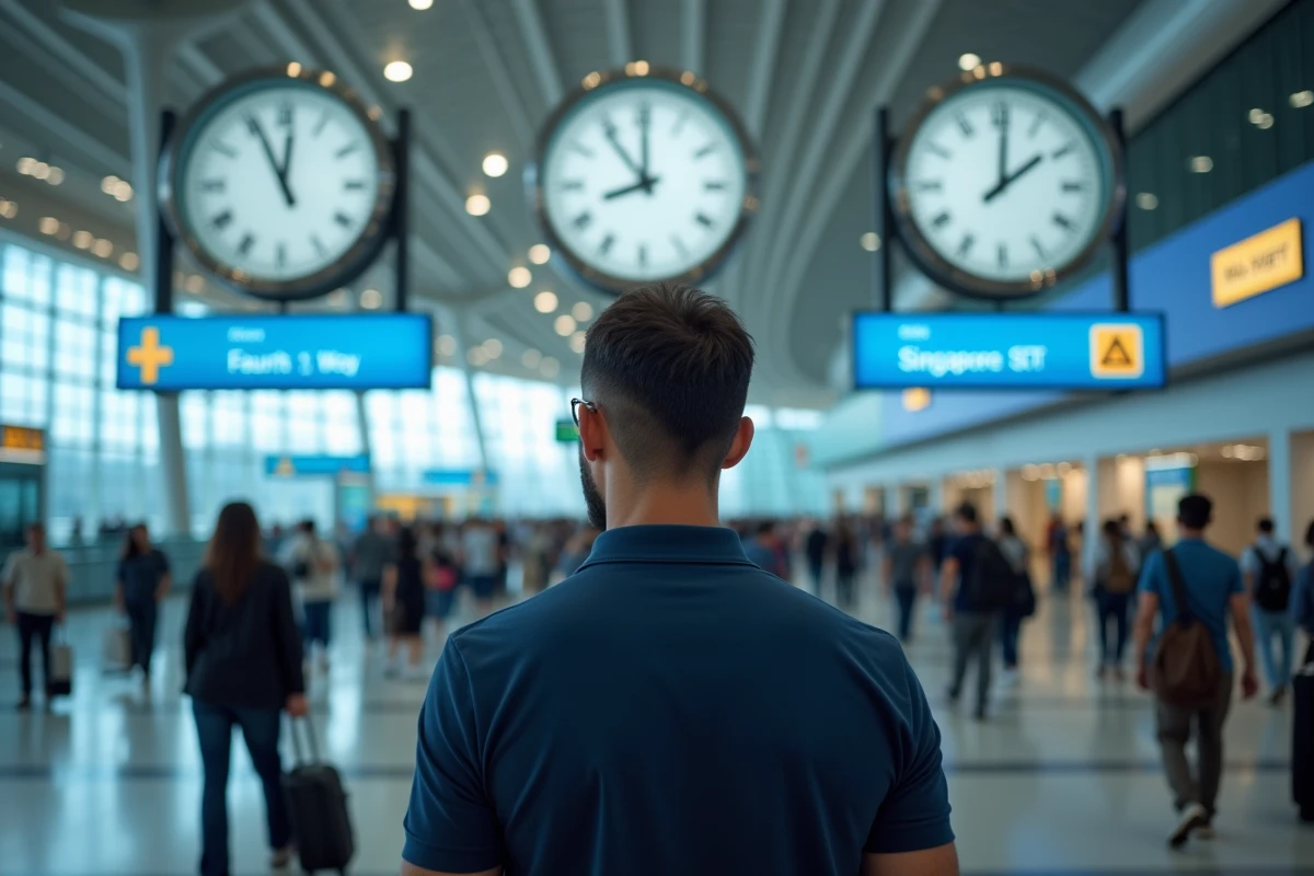 Homme devant un mur d'horloges mondiales à l'aéroport affichant l'heure de Singapour