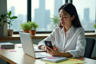 Femme professionnelle consultant l'heure de Singapour sur son smartphone depuis un bureau moderne