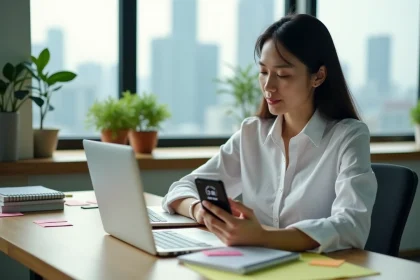 Femme professionnelle consultant l'heure de Singapour sur son smartphone depuis un bureau moderne