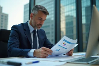 Homme d'affaires en costume regardant des documents fiscaux