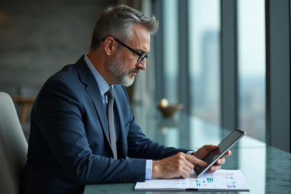 Homme d'affaires en costume bleu analysant des graphiques financiers