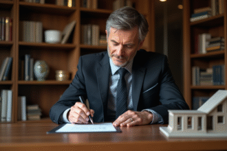 Homme d'affaires en costume noir examine un document immobilier