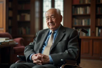 Homme âgé en fauteuil dans une bibliothèque chaleureuse