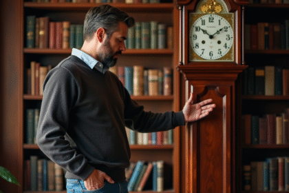 Homme d'âge moyen devant une horloge ancienne dans une bibliothèque chaleureuse
