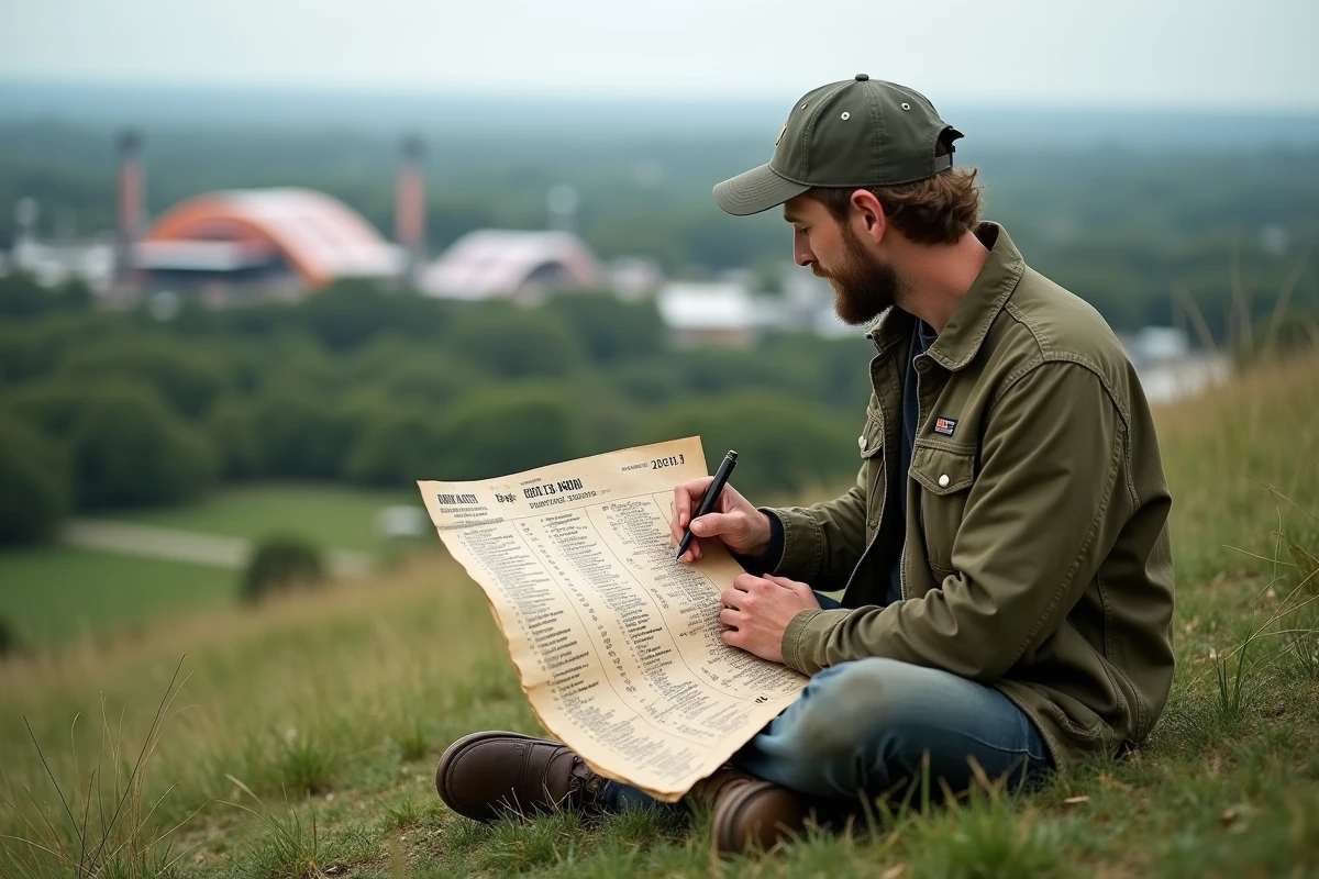 Homme assis dans l'herbe annotant le programme officiel papier du festival de musique Vieilles Charrues