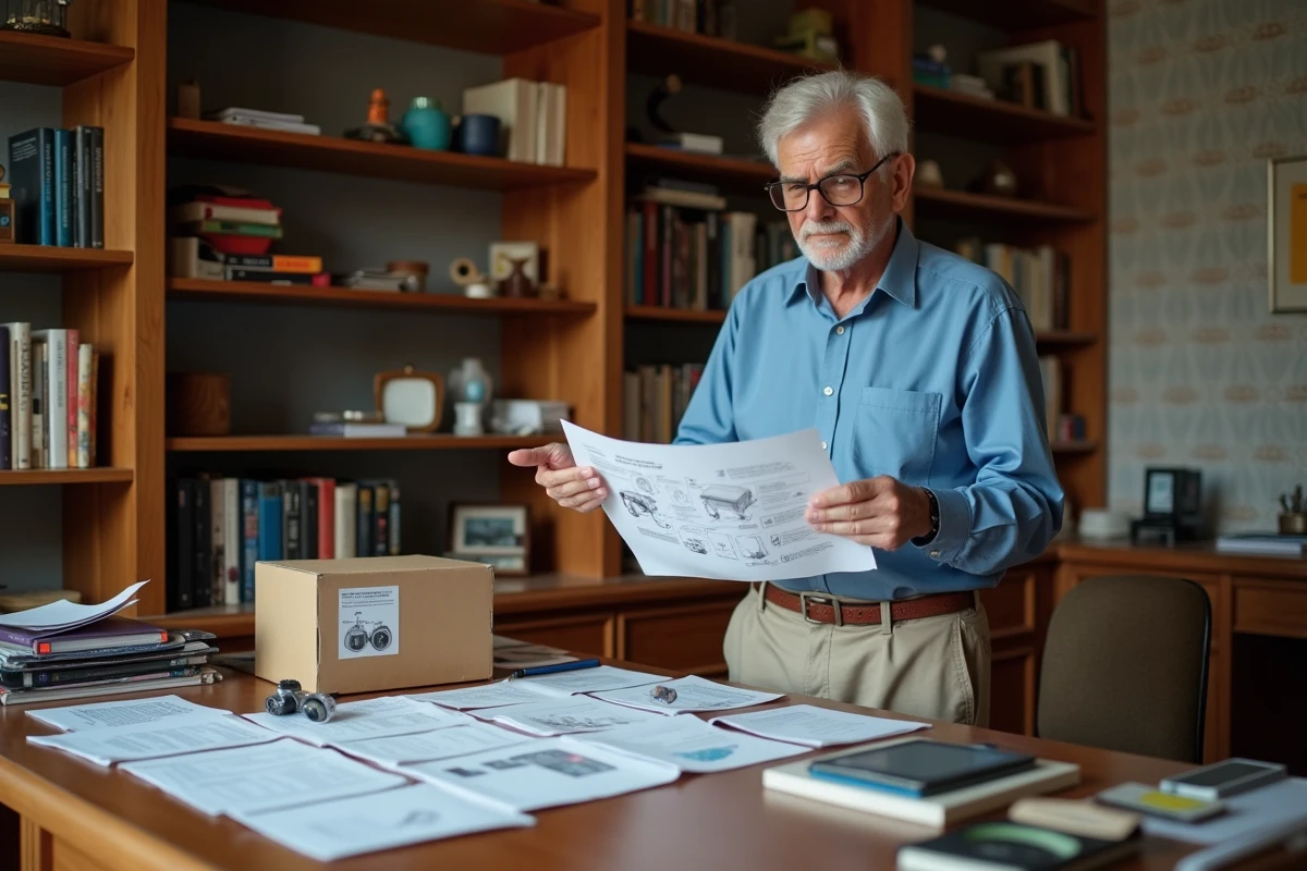 Homme âgé expliquant un gadget dans un bureau chaleureux