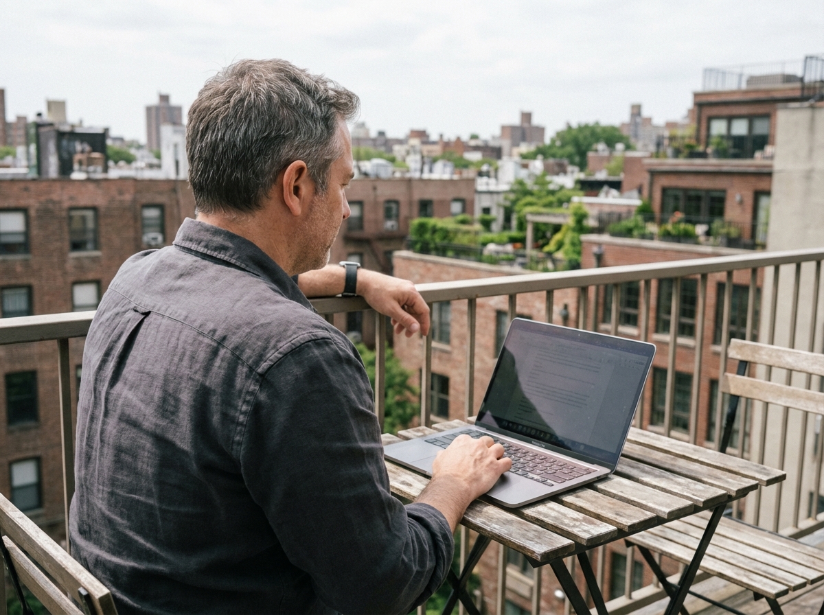 Homme détendu sur son balcon avec vue urbaine