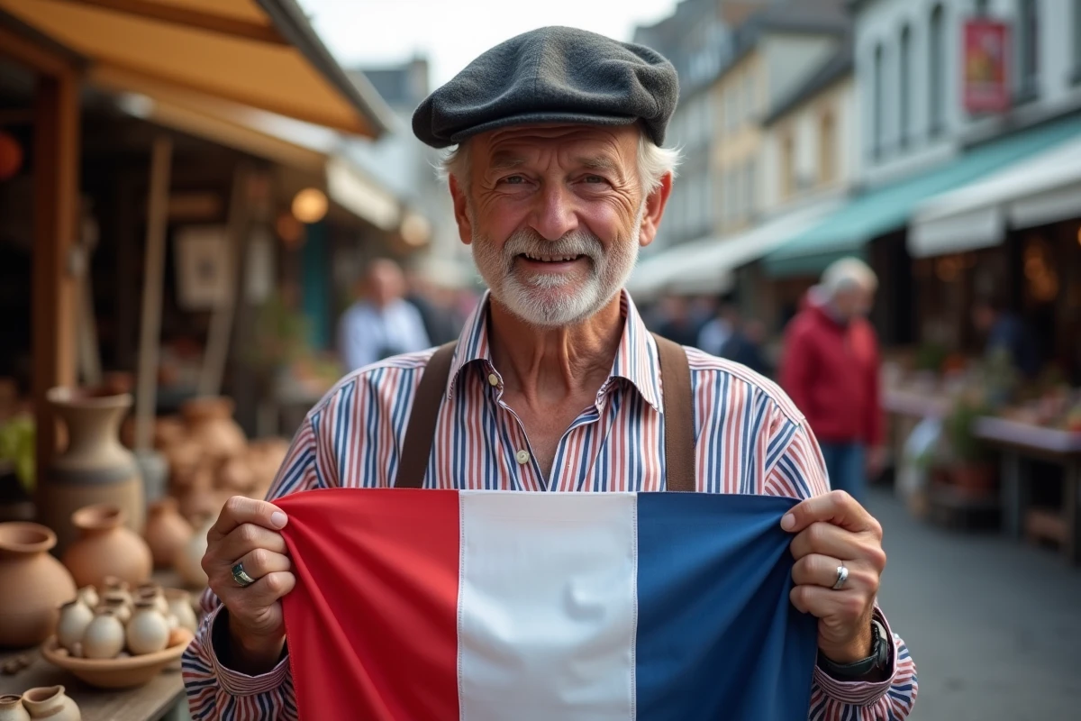 Homme breton en tenue traditionnelle tenant fièrement le drapeau breton Gwenn-ha-Du dans un marché régional en plein air