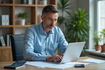 Homme d'âge moyen travaillant sur un ordinateur dans un bureau organisé
