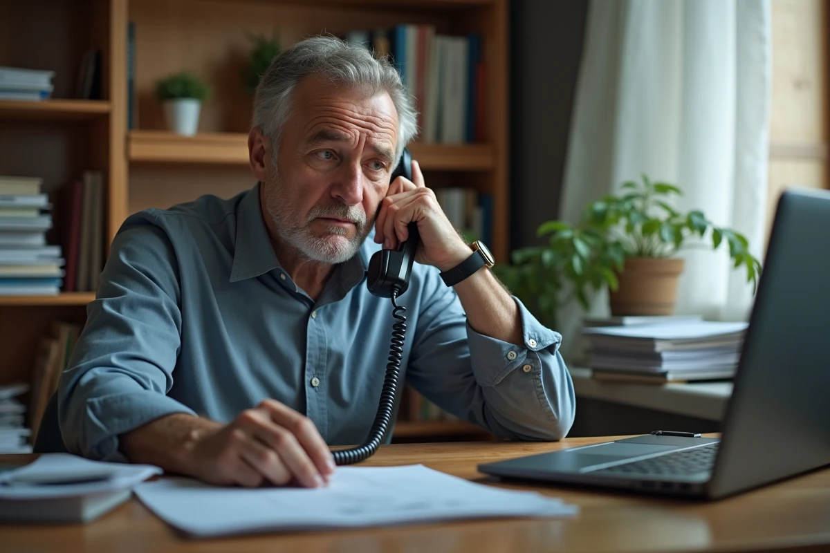 Homme au bureau consultant un site de recherche de numéro de téléphone inconnu sur ordinateur