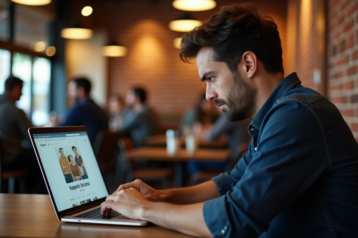 Homme adulte consultant un site de scan manga en ligne dans un café, questionnant la légalité des plateformes de lecture yaoi