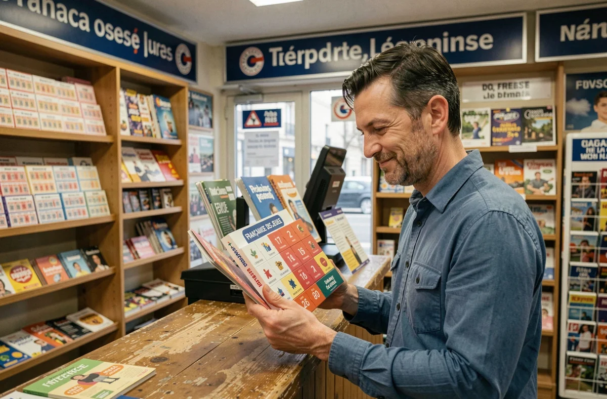 Homme examinant un calendrier de l'Avent FDJ dans un bureau de tabac français