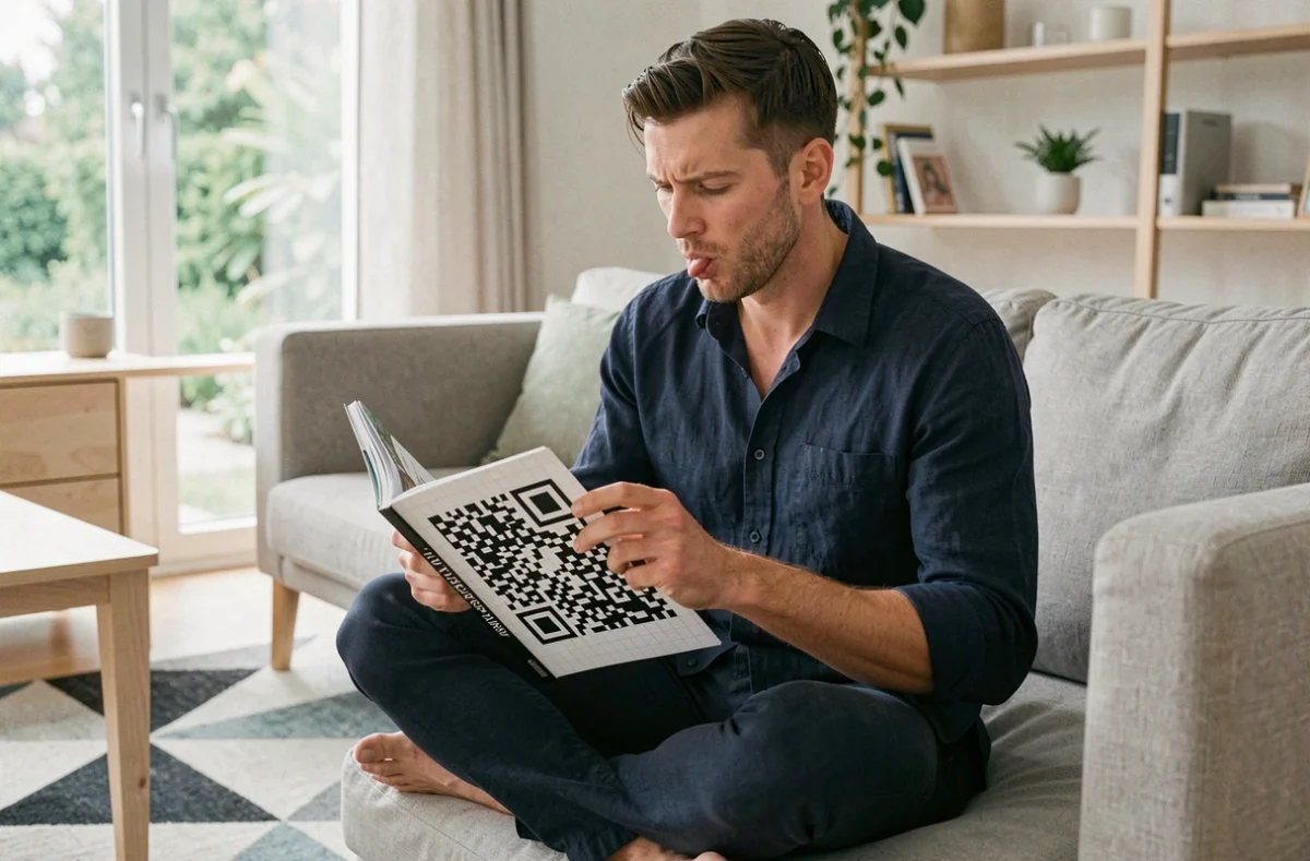 Homme assis sur un canapé minimaliste complétant un carnet de pixel art noir et blanc