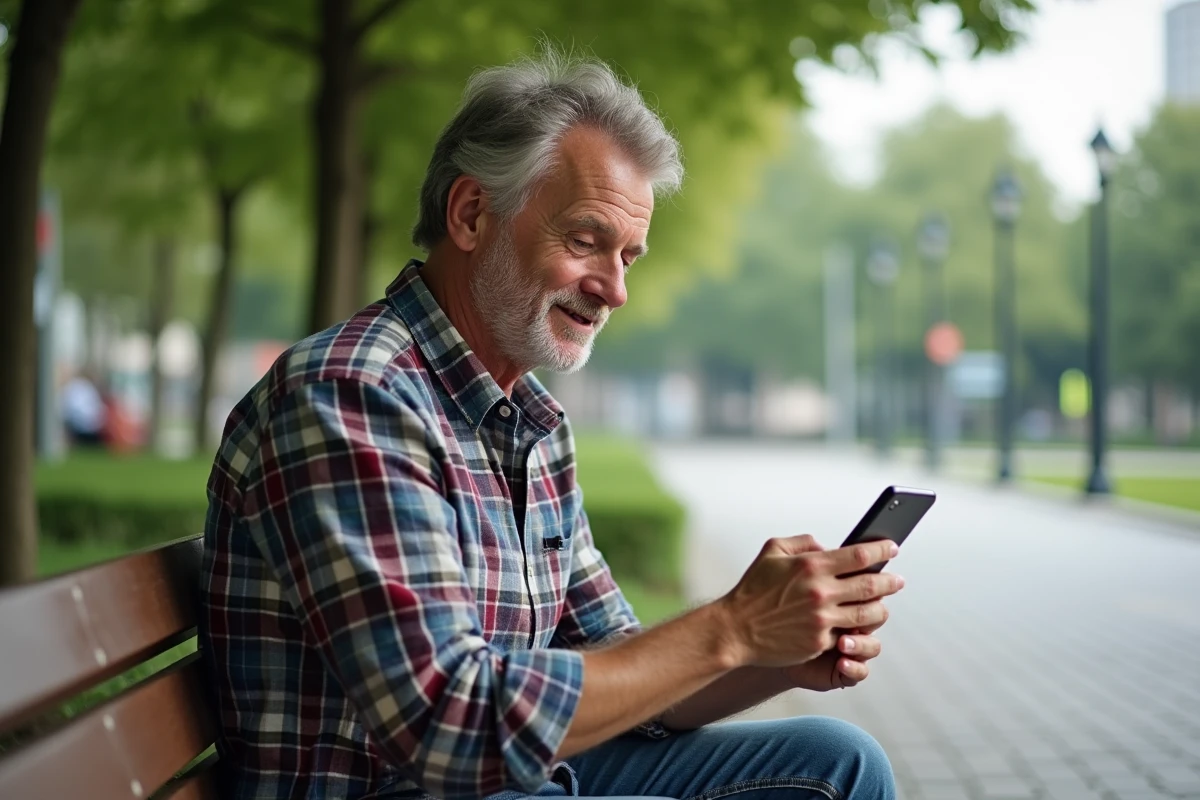 Homme en plein défi Cémantix dans un parc urbain