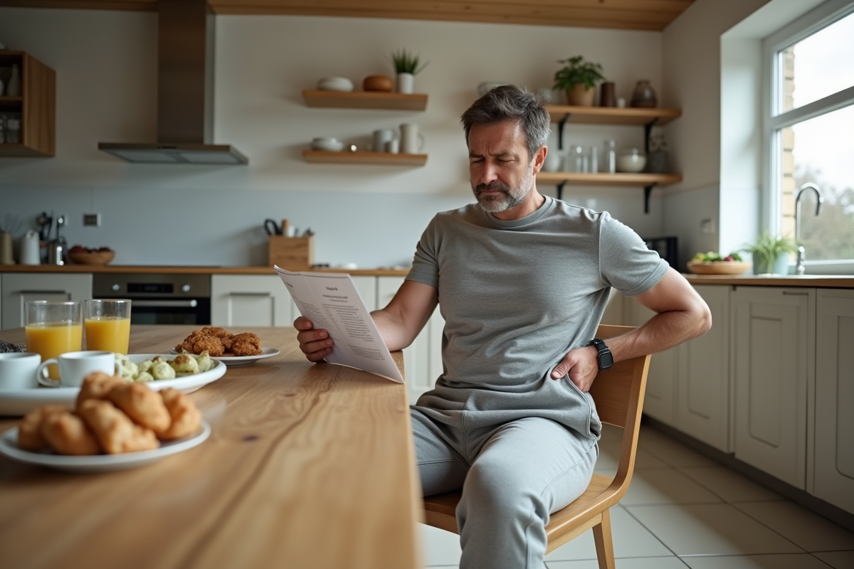 Homme lisant un guide d exercices à la cuisine