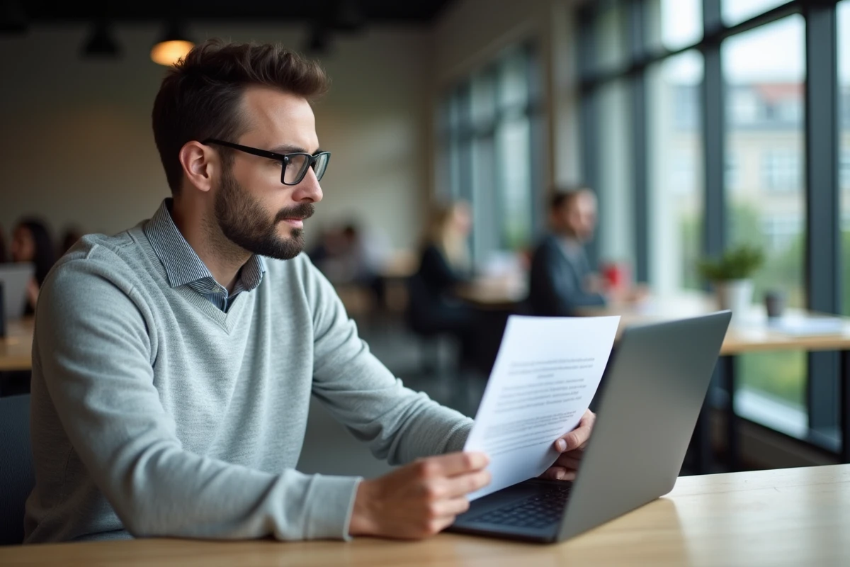 Homme consultant un email de désinscription France Travail sur ordinateur portable dans un espace de travail moderne