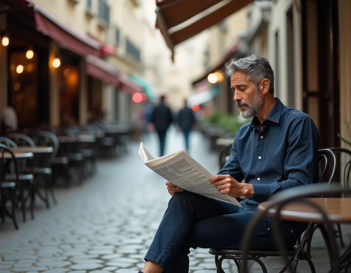Homme discret assis seul en terrasse de café parisien, personnalité réservée loin des médias