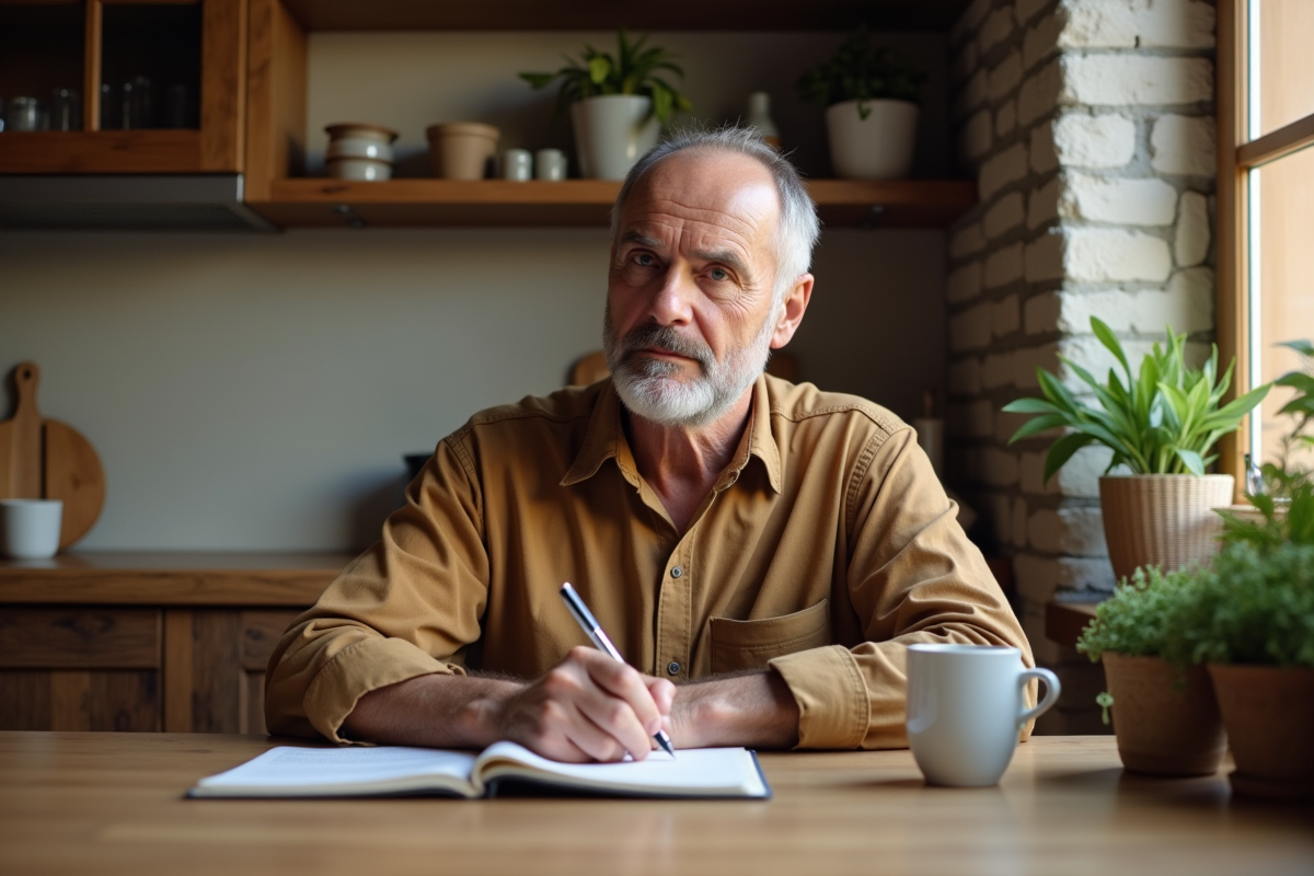 Homme écrivant dans un carnet à la cuisine