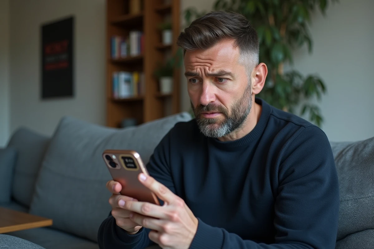 Homme créant une Instagram Story mal conçue avec des erreurs de texte et de stickers sur son canapé
