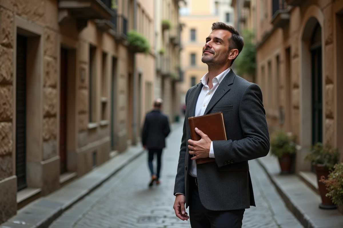 Homme tenant un journal en cuir dans une ruelle pavée européenne, symbole de plénitude dans l'instant présent et de gestion de l'anxiété future