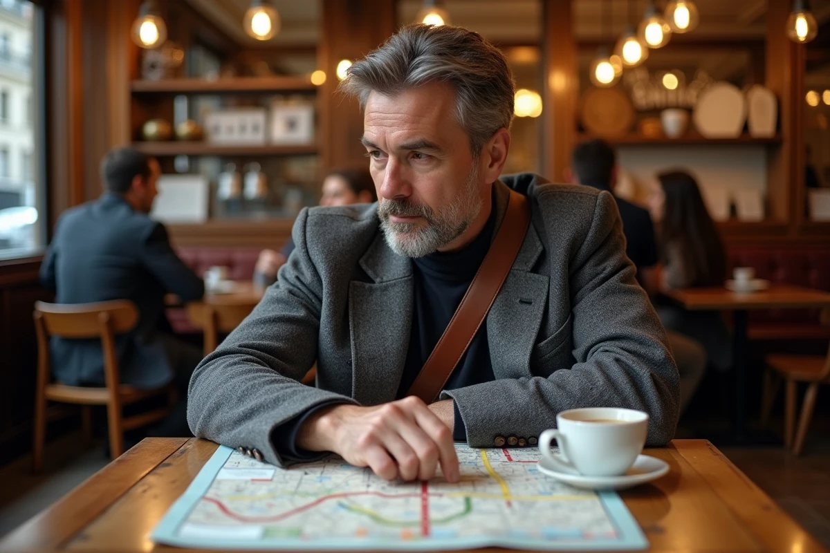 Homme étudiant un plan imprimé du métro ligne 9 dans un café parisien