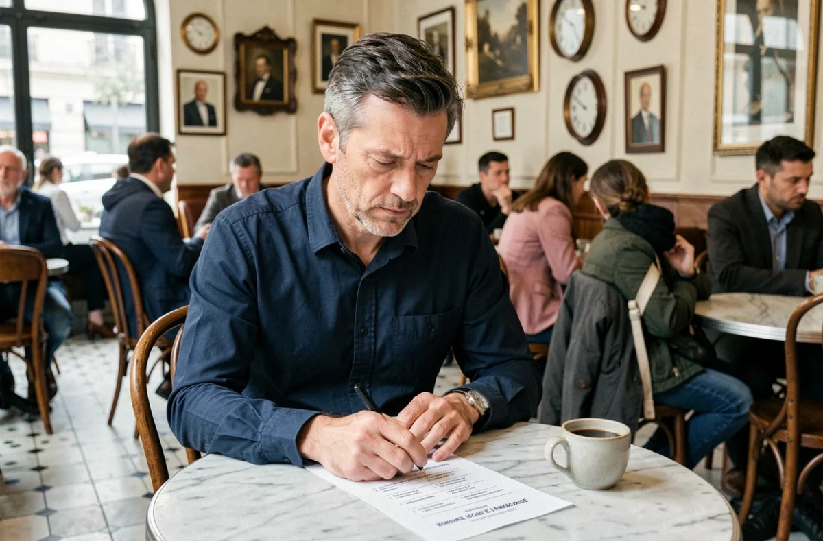Homme d'âge moyen réfléchissant à un exercice de conjugaison française dans un café parisien avec une tasse de café posée sur la table