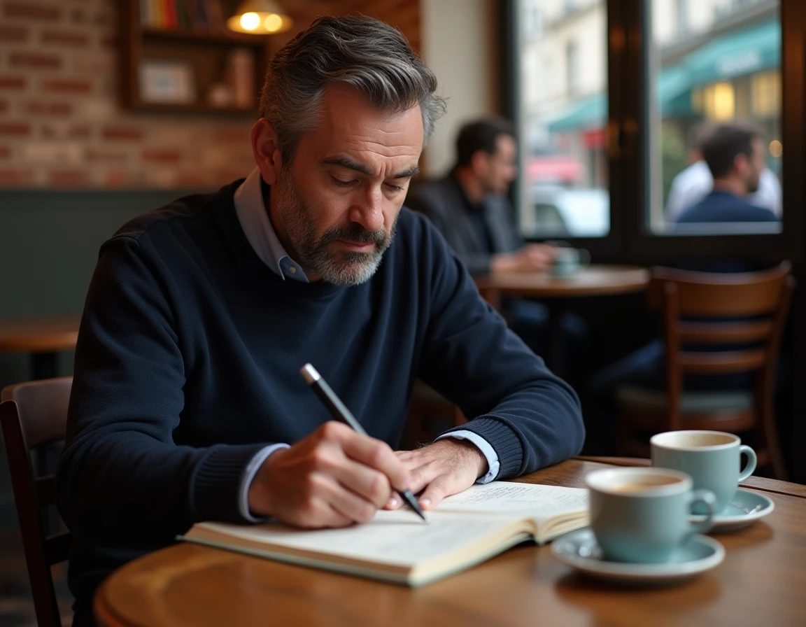Homme en train de réécrire et reformuler des phrases dans un journal en papier dans un café urbain parisien