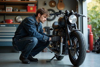 Jeune homme en atelier répare une moto Honda Dax