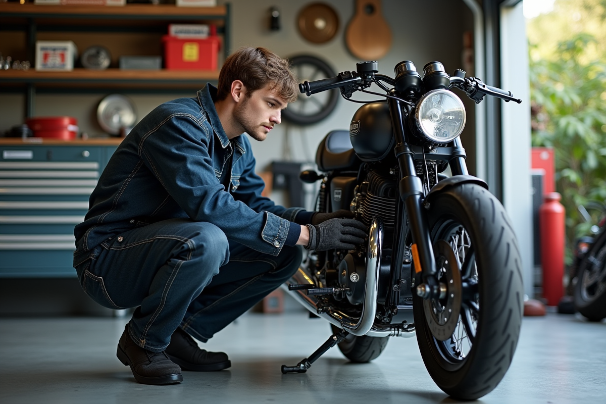 Jeune homme en atelier répare une moto Honda Dax