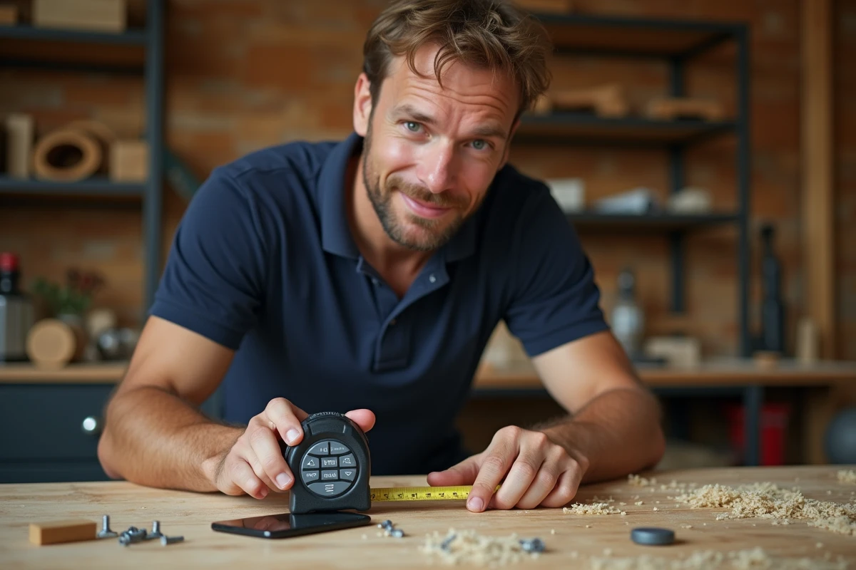 Homme dans un atelier mesurant une surface en bois avec un ruban centimétrique et une application de conversion sur smartphone