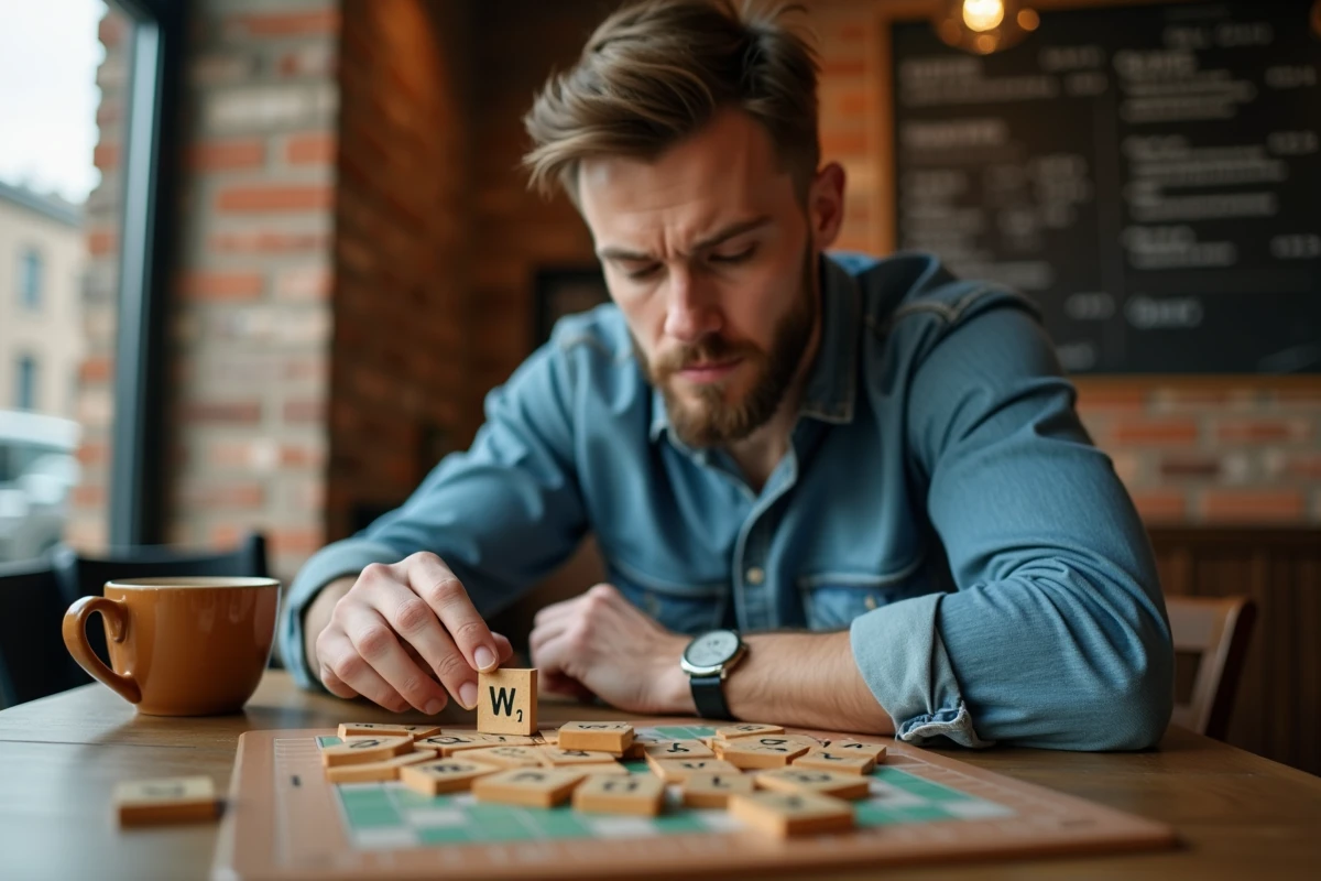 Homme en chemise en jean plaçant une tuile Z au Scrabble dans un café urbain avec un W sur son chevalet