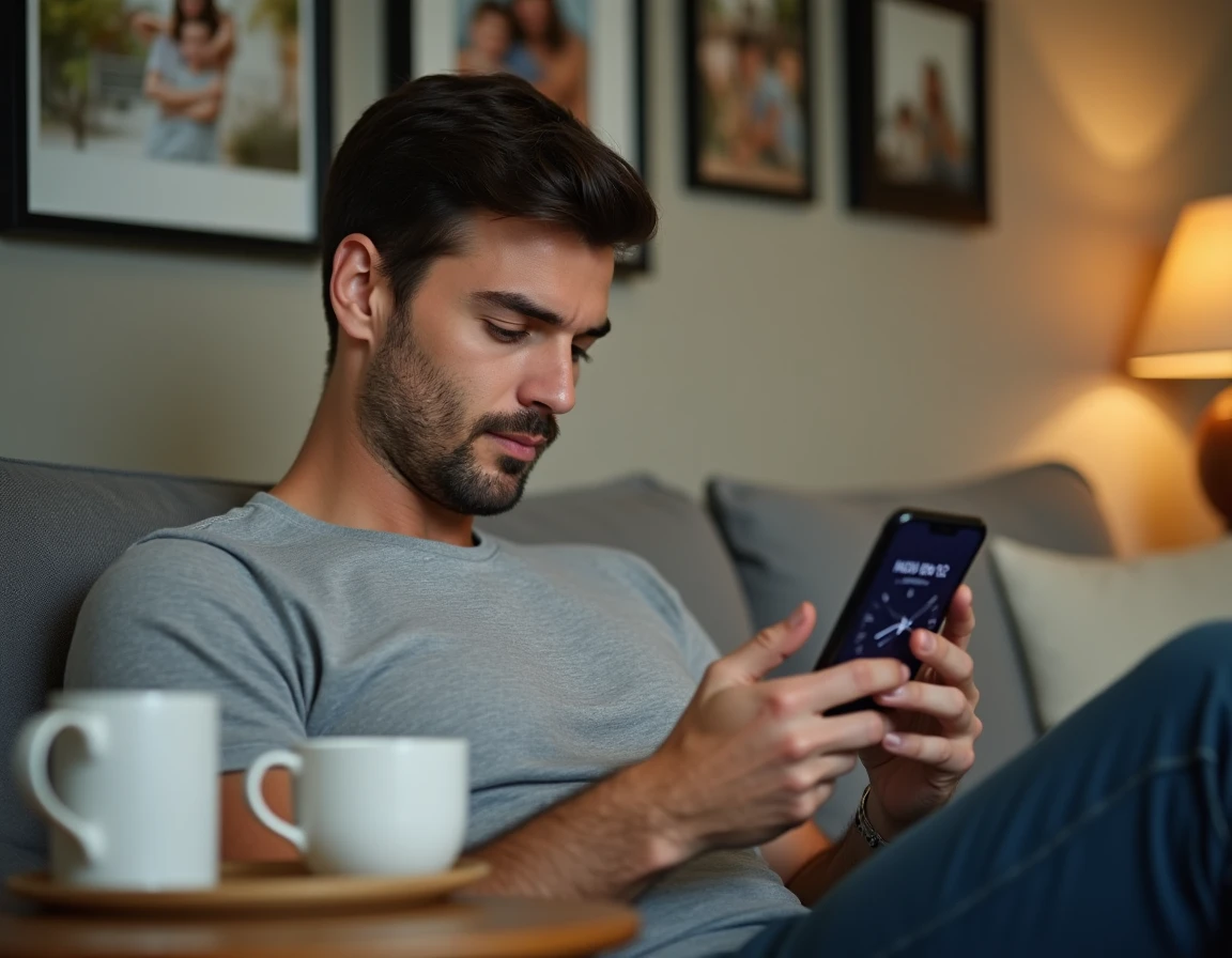 Homme vérifiant l'heure en Nouvelle-Calédonie sur une application de fuseau horaire depuis son canapé