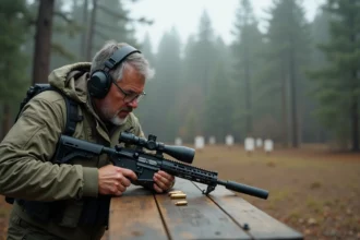 Homme tactique examinant une cartouche 9mm dans la forêt