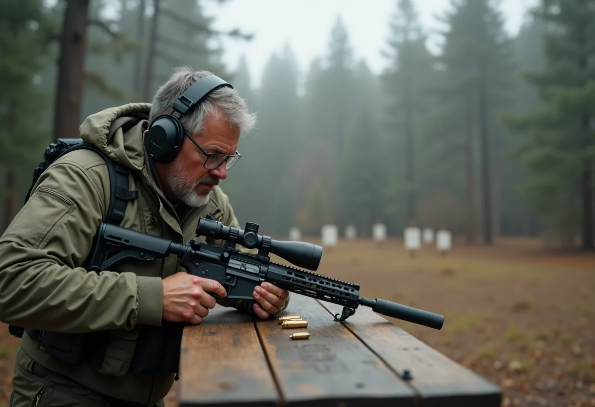 Homme tactique examinant une cartouche 9mm dans la forêt
