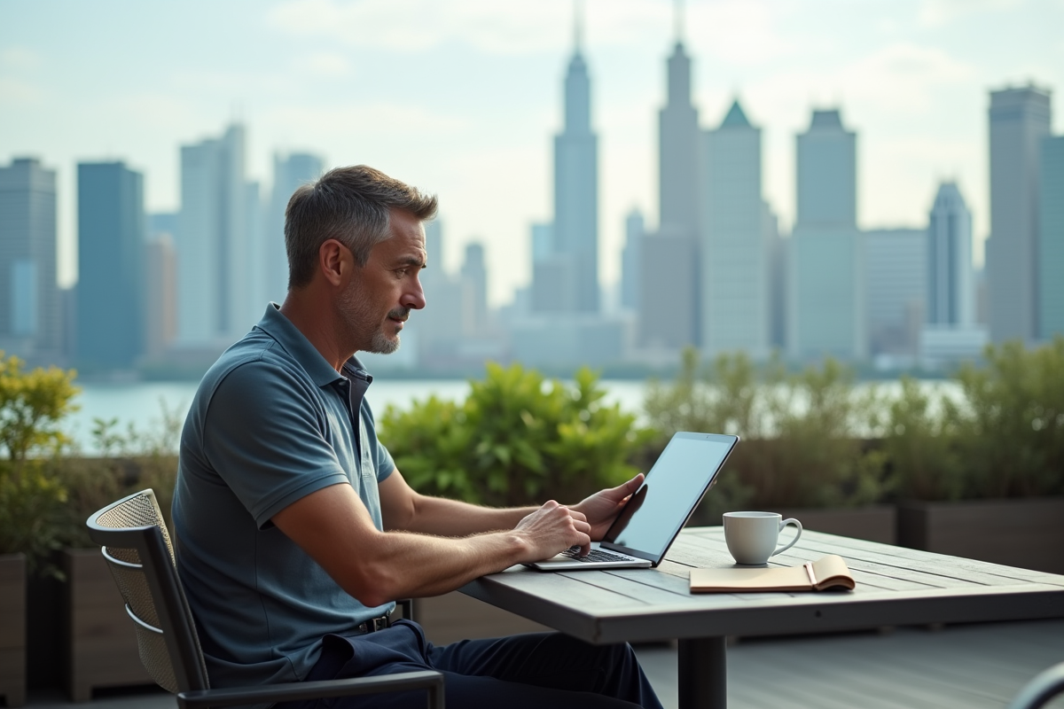 Homme en visioconference sur terrasse urbaine