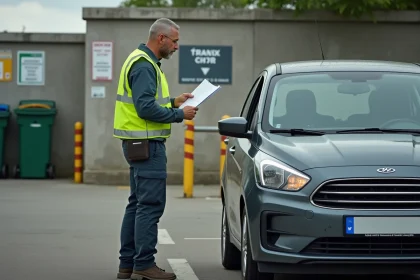 Homme en gilet jaune vérifiant documents devant centre de recyclage