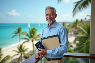 Homme d'âge moyen en chemise bleue et khakis sur une terrasse tropicale