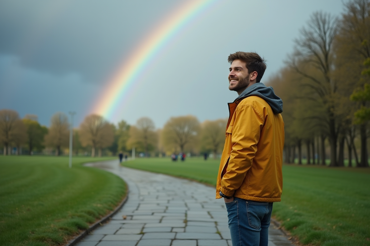 Jeune homme souriant sous un arc-en-ciel dans un parc