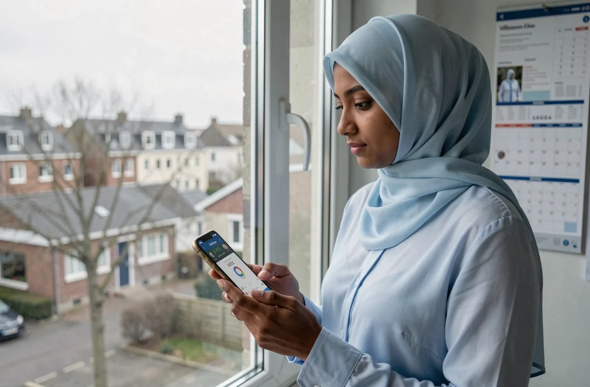 Jeune femme voilée vérifiant les horaires de prière sur son téléphone devant une fenêtre à Villeneuve d'Ascq