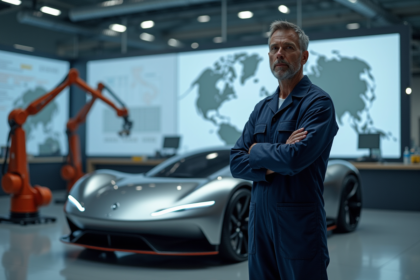 Ingénieur automobile en combinaison près d'une voiture électrique futuriste